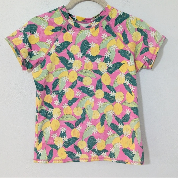 Garnet Hill Other - Garnet Hills Kids Lemon Print Rash Guard Swimwear Top Pink Yellow Girls 12